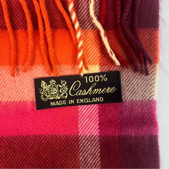 Cashmere Scarf Fringed Plaid Orange Red Made England Fall Winter Cozy Soft - Picture 5 of 8
